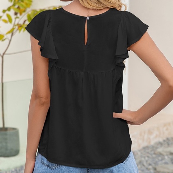 Black Fluttersleeve Top with Front Embroidered Panel - Picture 3 of 4